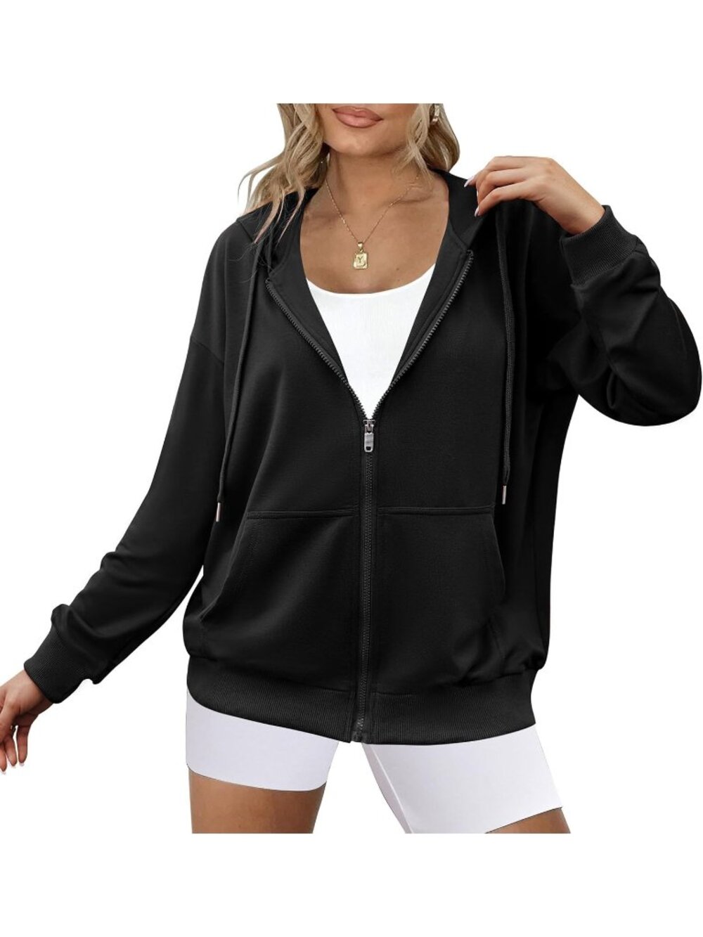 Women Black Long Sleeve Full Zip Up Oversized Sweatshirt Pockets Zipper Jackets